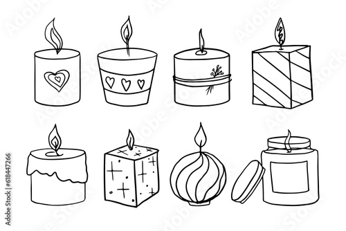 Cute set of candles in doodle style. Festive hand-drawn collection candlelight with wick and wax. Isolated on white