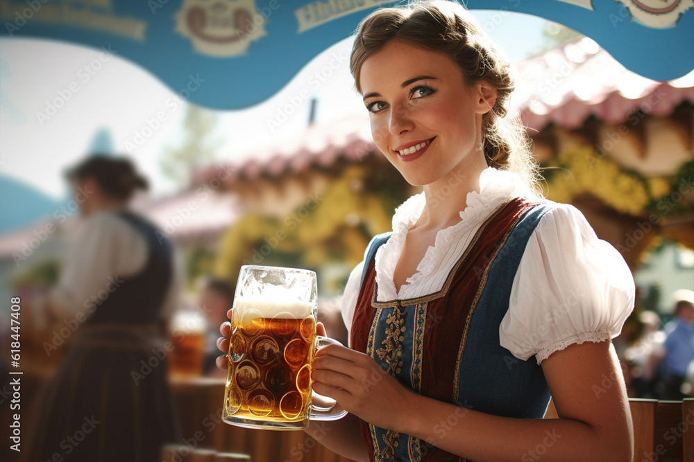 Fototapeta premium Waitress in traditional Dirndl dress with beer mugs at German Oktoberfest celebration