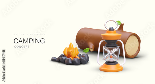 Camping concept. Cute realistic illustration in cartoon style. Tree trunk, campfire, kerosene lamp. Benefits of healthy outdoor recreation. Modern positive web design