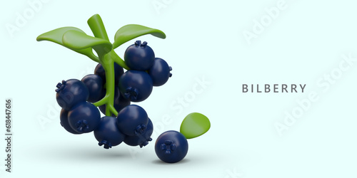 3D ripe bilberries on green stick. Dark blue sweet berries in clusters and individually. Natural sweets. Vegetarian ingredient for desserts. Poster on blue background with text