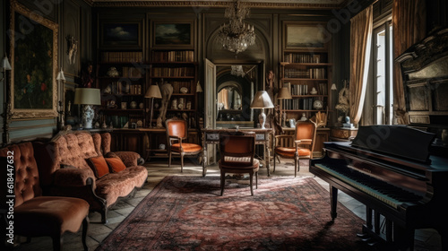 Generative ai illustration of vintage and fully antiques furnished living room © pbombaert
