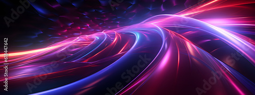 Light train motion illustration with dark background and neon and pink lights, sinuous lines and light violet and crimson, abstraction background création.