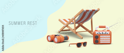 Comfortable summer vacation on river, lake, sea bank. Beach chair, binoculars, sunglasses, radio. Relaxation and sunbathing in nature. Time to rest. Color template