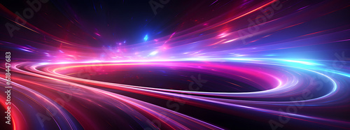 Light train motion illustration with dark background and neon and pink lights, sinuous lines and light violet and crimson, abstraction background création.