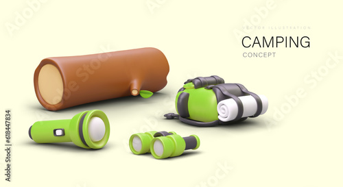 Vector camping concept for web design. 3D log, backpack, binoculars, flashlight in plasticine style. Advertising template for tourist guide services. Help in organizing hiking tours