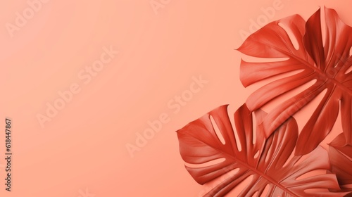 Philodendron's Touch, Minimal Summer Concept with Tropical Leaves on Vibrant Coral Color Background, generative ai.