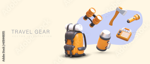 Travel gear. Banner with 3D backpack, binoculars, thermos, axe, flashlight, radio. Orange 3D vector elements with shadows. Advertising poster for web design