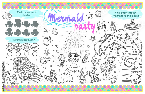 Festive placemat for children. Printable sheet "Mermaid party" with a labyrinth, connect the dots and find the same. 17x11 inch printable vector file