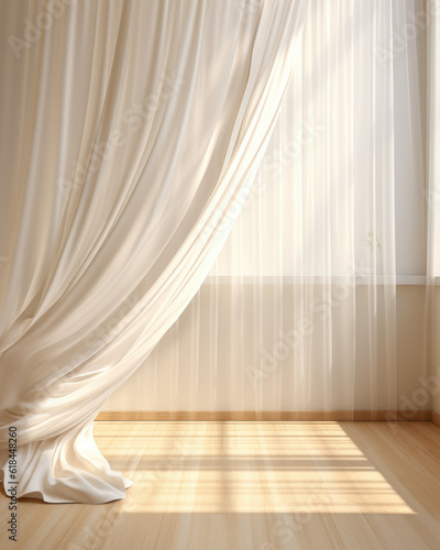 Sunlit blank beige-brown striped wall with billowing white curtain, parquet floor—an ideal 3D background for interior design and home product displays.
