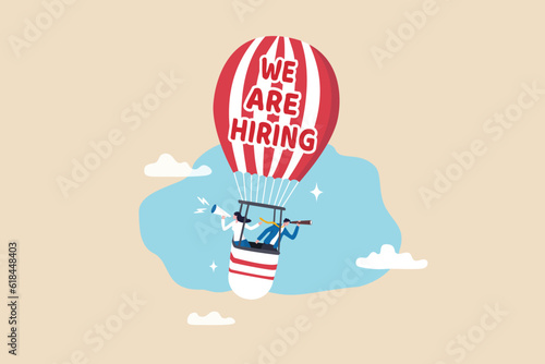 We are hiring announcement for HR human resources to recruit new candidate, employment or career search, hiring vacancy or work opportunity concept, business people HR on balloon search for candidate.