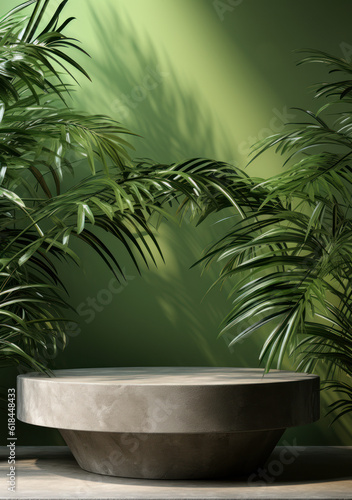Tropical palm tree in sunshine on a dark green wall in a minimalistic  modern setting for a premium organic cosmetic  skin care  or beauty treatment product display in three dimensions. 