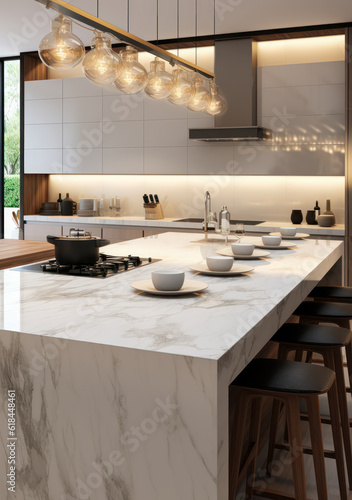Contemporary beige kitchen counter with a white marble surface, a pendant lamp over it, a splashback, a cabinet counter, and a cupboard, all against a 3D background of interior design products.  © Bartek