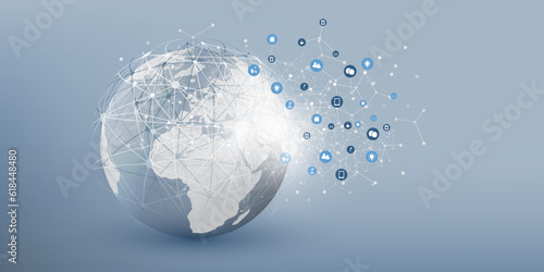 Futuristic Smart City, IoT and Cloud Computing Design Concept with Polygonal Mesh, Cluster and Nodes, Earth Globe and Icons of Web Services - Digital Network Connections, Technology Vector Background