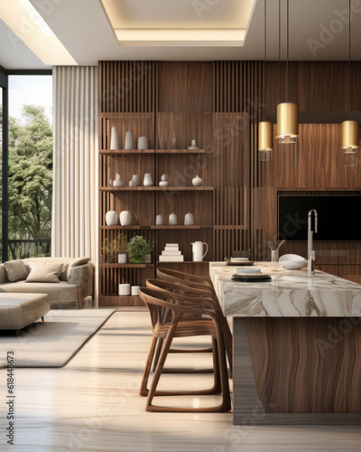 Wallpaper Mural Opulent wooden dining table island with a marble top, paired with two tall chairs in a brown wood panel living room. perfect 3D background for interior decoration design products. Torontodigital.ca