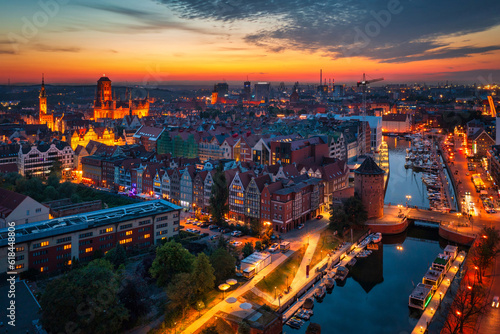 The Main Town of Gdansk by the Motlawa riover at sunset, Poland.
