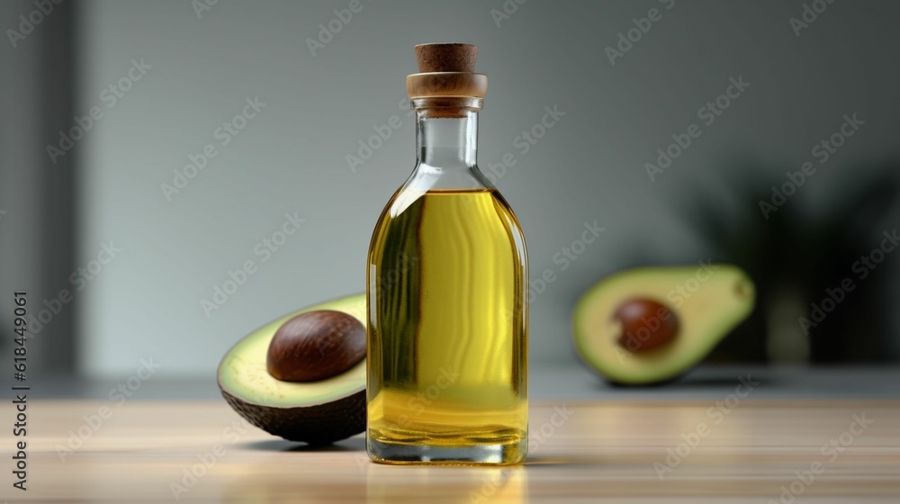 Beautiful close-up of a bottle with avocado oil, made with generative AI Beautiful close-up of a bottle with avocado oil, made with generative AI