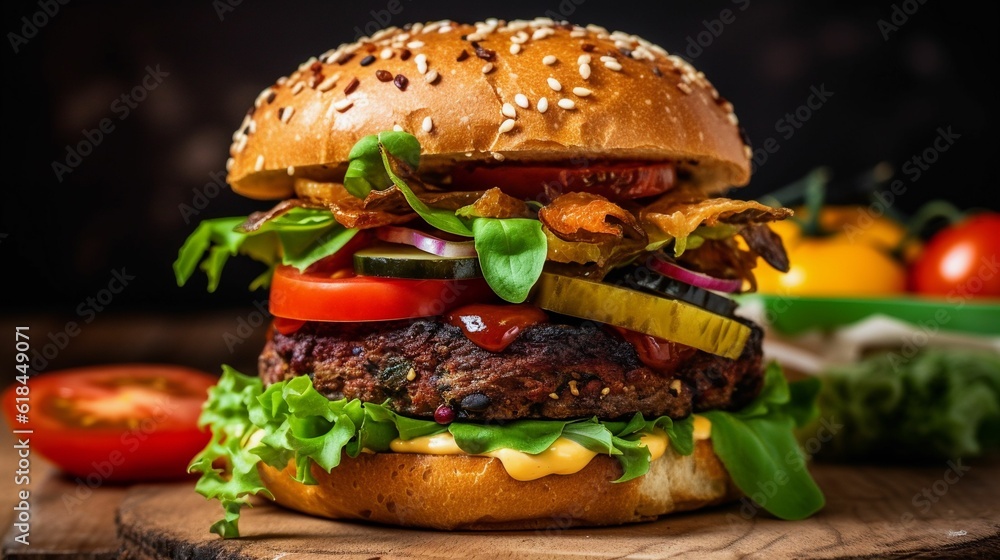 Beautiful close-up of a delicious burger, nicely decorated, made with generative AI Beautiful close-up of a delicious burger, nicely decorated, made with generative AI