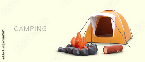 Tourist recreation in nature. Realistic tent, bonfire, logs. Classic camping. Scout camp. Vector concept of travel blogs, touristic resources, trip applications