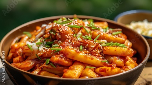 Beautiful close-up of a Tteokbokki dish, nicely decorated, made with generative AI photo