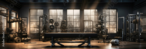 a comprehensive set of gym weights presented in high-definition, showcasing the elements essential for strength training, optimized for a 16:9 resolution. Ai Generated