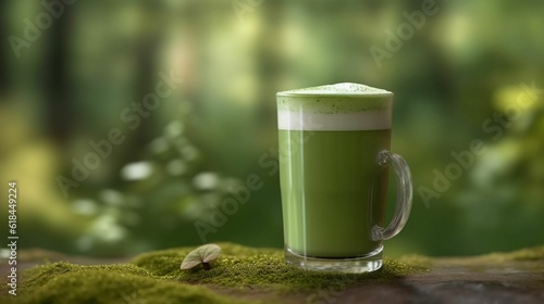 Beautiful close-up of a green tea matcha latte drink in a forest, made with generative AI