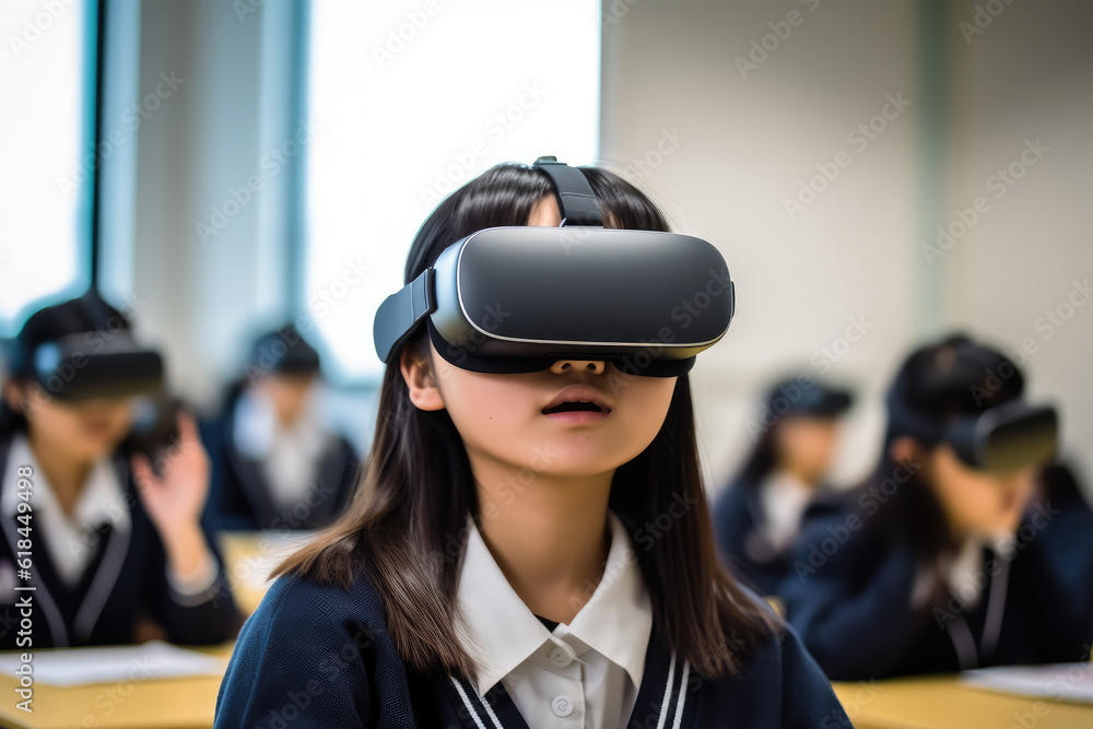 Asian girl wearing a VR headset in a classroom. Captured with a professional mirrorless camera, it highlights her engaging virtual reality experience in an educational setting. Generative AI. Asian girl wearing a VR headset in a classroom. Captured with a professional mirrorless camera, it highlights her engaging virtual reality experience in an educational setting. Generative AI.