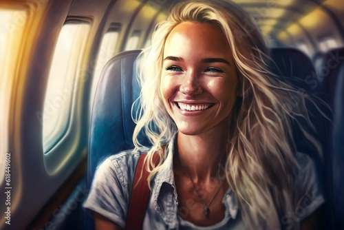Cheerful young woman sitting in a modern airplane seat by the window. AI-generated. © Zelma Brezinska/Wirestock Creators