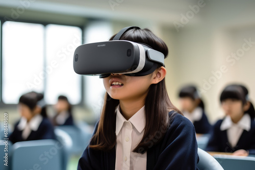 Asian girl wearing a VR headset in a classroom. Captured with a professional mirrorless camera, it highlights her engaging virtual reality experience in an educational setting. Generative AI. © Shinonome Studio