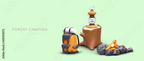 Forest camping. Tourist backpack, stump with kerosene lantern, campfire. Place for night camping. Concept with 3D illustration in cartoon style. Poster with text