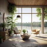 AI generated illustration of a living room with a picturesque view of a lake