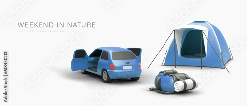 Weekend in nature. Realistic car with open doors, tent, backpack. Auto tourism, camping. Trip outside city. Template on light background, 3D blue illustration