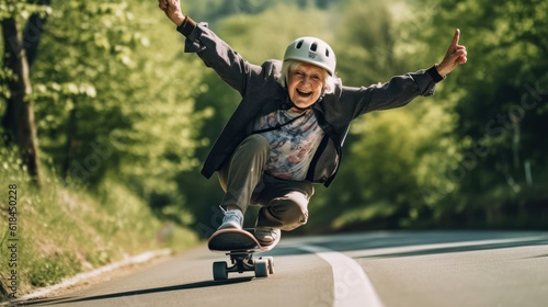 A 70-year-old woman wearing a helmet and kneepads is riding a skate