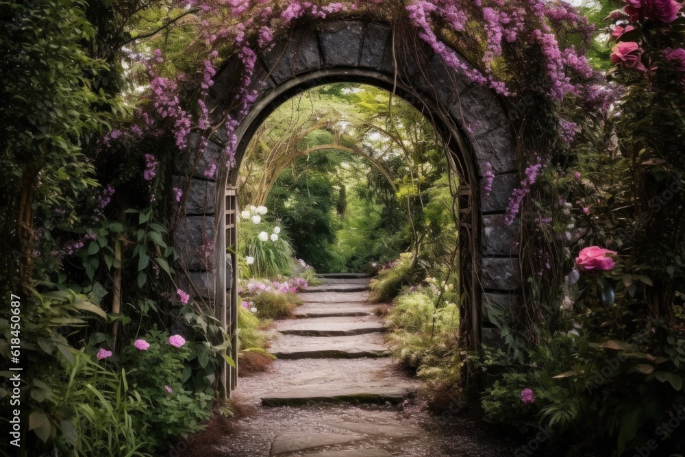 A mystical portal surrounded by blooming flower arches leading to an enchanting secret garden. Generative AI A mystical portal surrounded by blooming flower arches leading to an enchanting secret garden. Generative AI