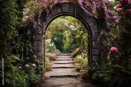 A mystical portal surrounded by blooming flower arches leading to an enchanting secret garden. Generative AI © Postproduction