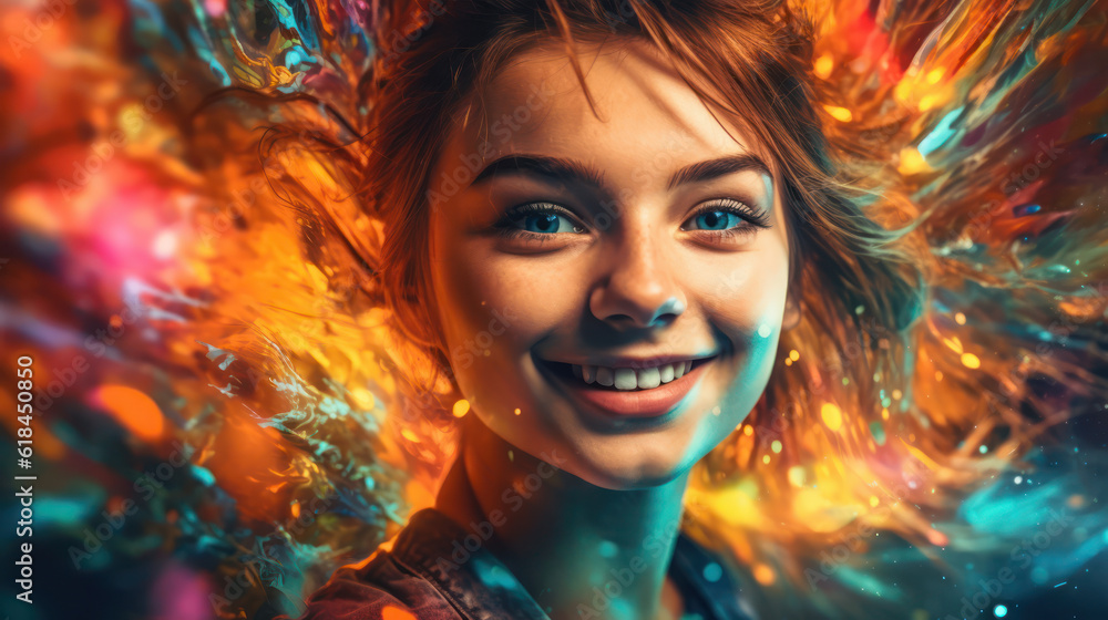 Fototapeta premium A portrait of a young Beautiful girl with a mischievous smile. The background is filled with vibrant colors, reflecting her playful and adventurous spirit.
