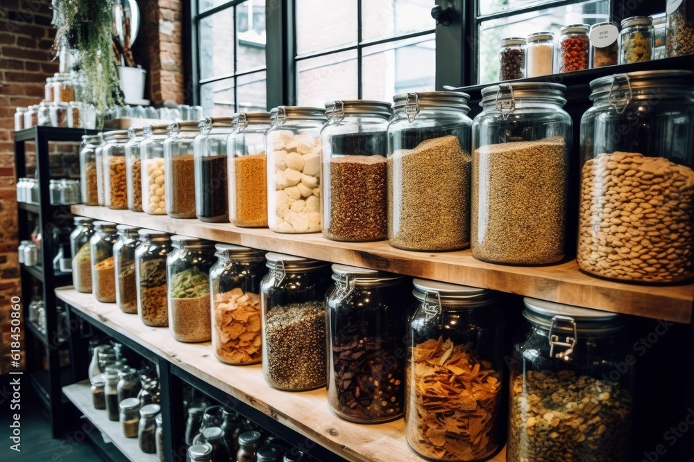 various containers of different kinds of food sit on shelves near a window various containers of different kinds of food sit on shelves near a window