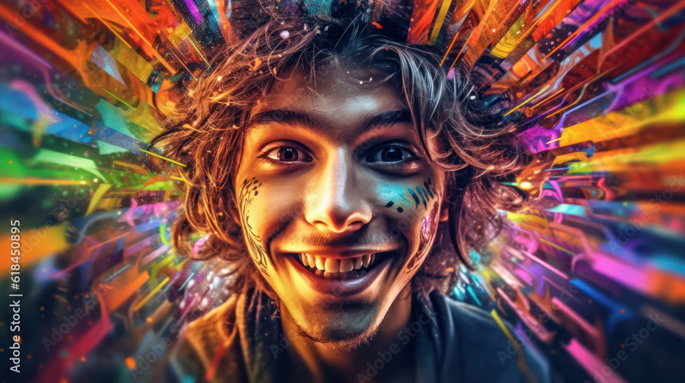 A portrait of a young Beautiful man with a mischievous smile. The background is filled with vibrant colors, reflecting her playful and adventurous spirit. A portrait of a young Beautiful man with a mischievous smile. The background is filled with vibrant colors, reflecting her playful and adventurous spirit.