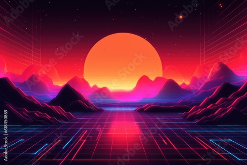 An abstract neon grid landscape with a pixelated sun, showcasing an 80s game aesthetic. Generative AI