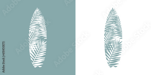 Logo club de surf. Silueta de hojas de palmera con forma de tabla de surf