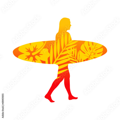 Logo club de surf. Silueta de mujer andando con tabla de surf con plantas tropicales