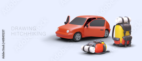 Hitchhiking. Red realistic car, tourist backpacks of different sizes. Trip together. Vacation for young people. Acquaintance with other regions. Economic tours