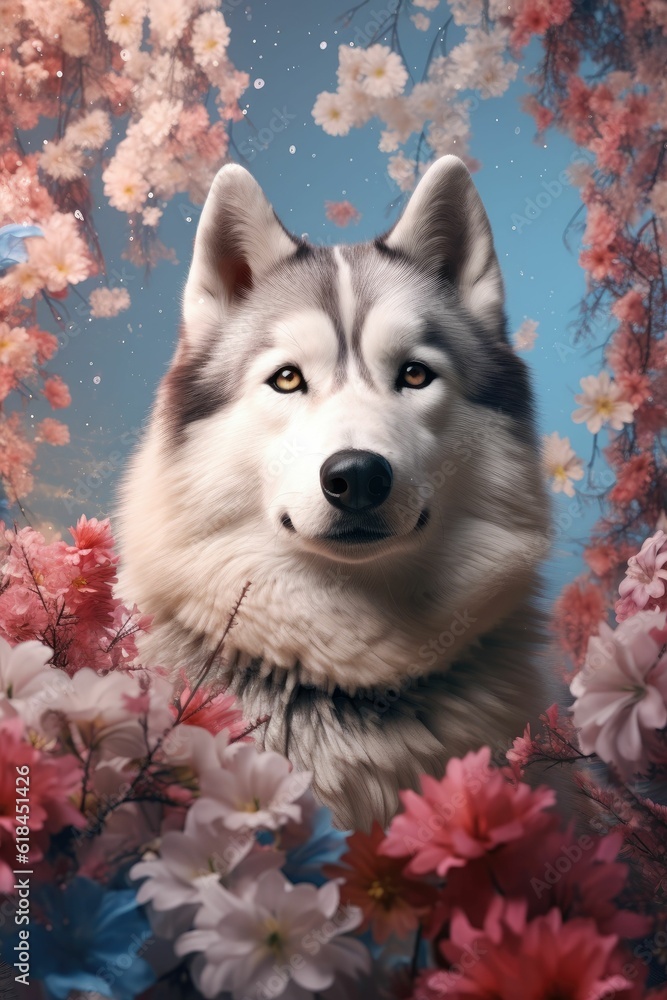 AI generated illustration of a Siberian husky dog sitting among a stunning array of wildflowers AI generated illustration of a Siberian husky dog sitting among a stunning array of wildflowers