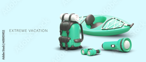 Extreme vacation. Realistic backpack, kayak, binoculars, flashlight. River trip, kayaking. Horizontal banner in green color. Equipment for modern tourism