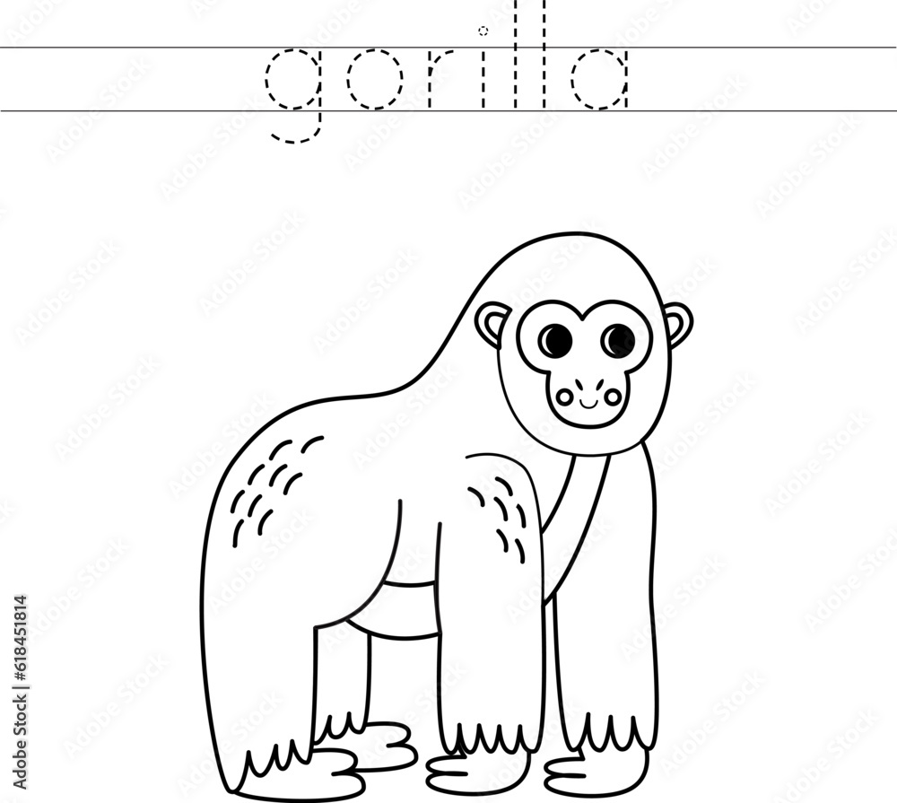 Obraz premium Trace the letters and color cartoon gorilla. Handwriting practice for kids.