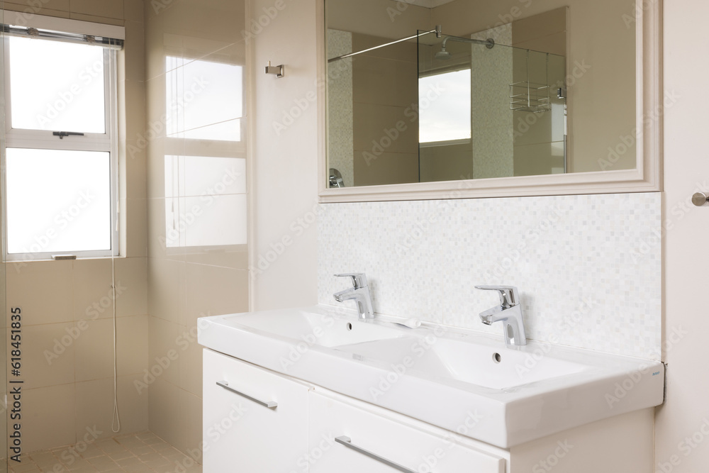 General view of bright bathroom with shower, mirror and washbasin General view of bright bathroom with shower, mirror and washbasin