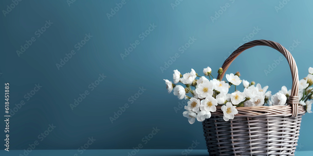 Wicker basket with spring flowers on blue background with copy space