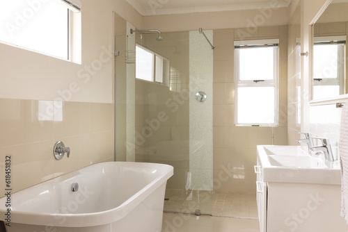 General view of bright bathroom with bathtub, shower and washbasin photo