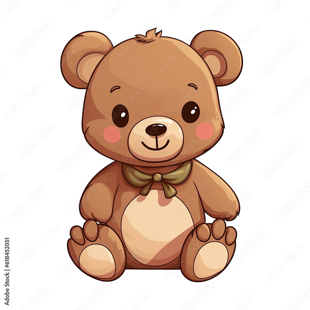Fototapeta premium Teddy bear, red cheeks, tied with a green bow around the neck smiling teddy bear on a transparent background