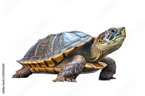 Turtle walking on cutout PNG transparent background and white background. Generative AI