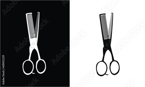 Hair cutting scissors icon vector illustration. Barber's tool for cutting hair. Hair scissors icon clipart. Icon vector isolated on black and white background.